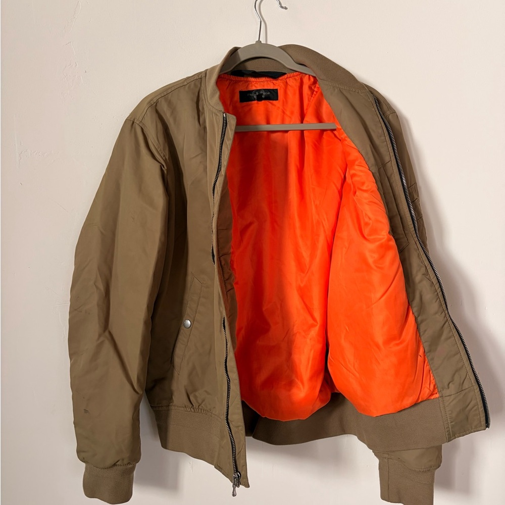 rag & bone Tan Bomber Jacket with Vibrant Orange Lining